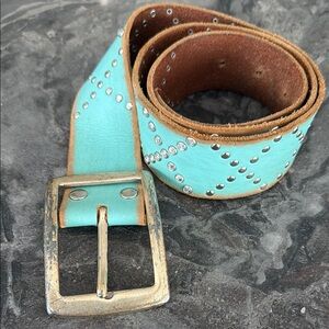 Linea Pelle Turquoise Studded Leather Belt with Silver Buckle